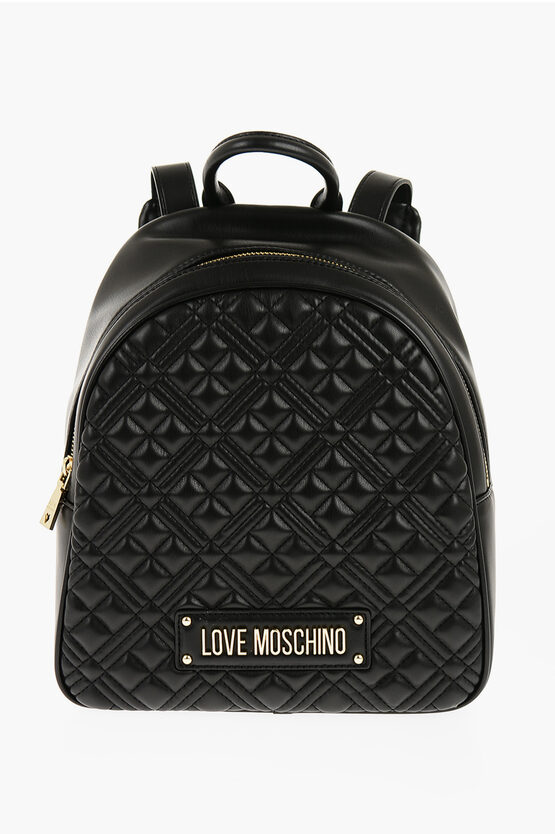 Moschino Love Quilted Faux Leather Backpack With Golden Logo In Black