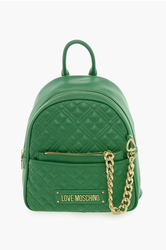Moschino Love Quilted Faux Leather Backpack With Matched Pouch In Green