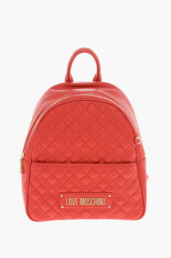 Moschino Love Quilted Faux Leather Backpack With Matched Pouch In Red