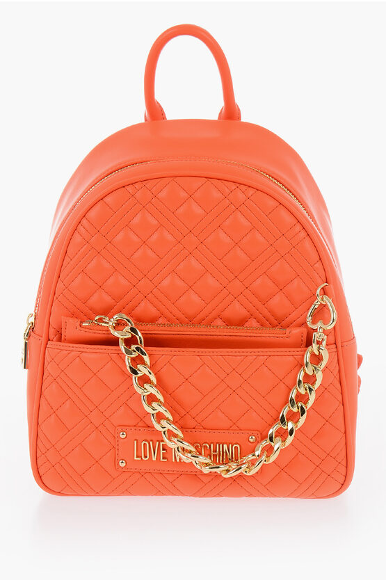 Moschino Love Quilted Faux Leather Backpack With Matched Pouch In Orange