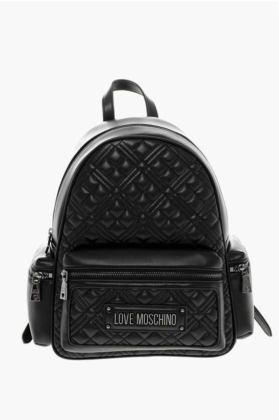 Moschino Love Quilted Faux Leather Backpack With Metal Logo In Brown