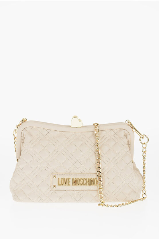 Moschino Love Quilted Faux Leather Bag With Golden Chain And Heart De In Blue