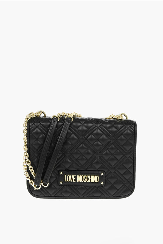 Moschino Love Quilted Faux Leather Bag With Golden Chain In Black