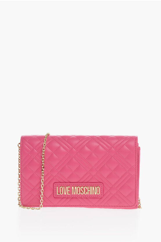 Moschino Love Quilted Faux Leather Crossbody Bag With Golden Chain In Pink