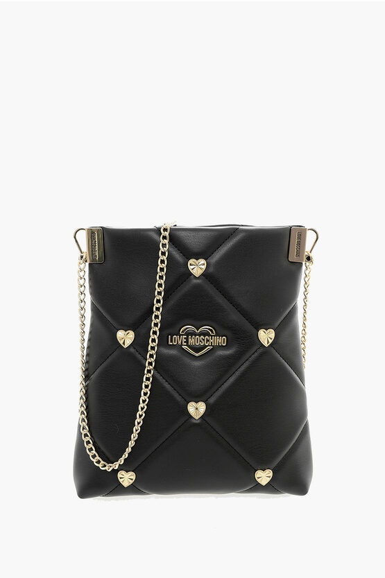 Moschino Love Quilted Faux Leather Crossbody Bag With Heart-shaped Je In Black
