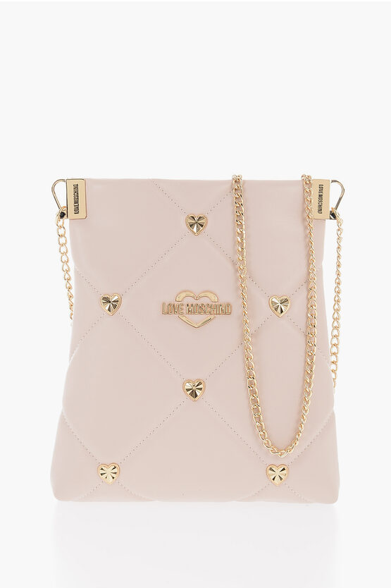 Moschino Love Quilted Faux Leather Crossbody Bag With Heart-shaped Je In Pink