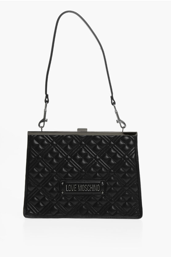 Moschino Love Quilted Faux Leather Crossbody Bag With Ton On Ton Logo In Black