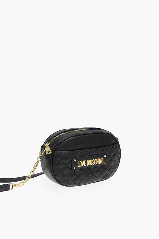 Moschino Love Quilted Faux Leather Crossbody Bag With With Outer Pock In Black