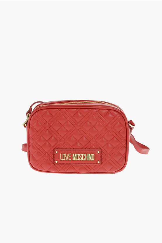 Moschino Love Quilted Faux Leather Crossbody Bag With Zip Closure In Black