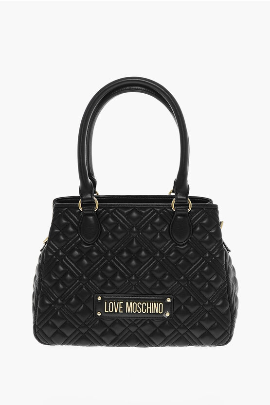 Moschino Love Quilted Faux Leather Hand Bag With Embossed Logos In Burgundy