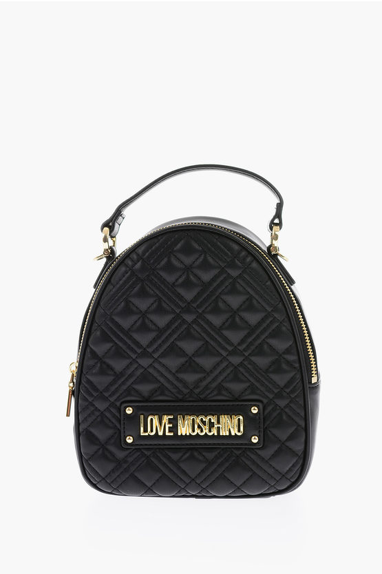 Moschino Love Quilted Faux Leather Mini Bag With Golden Details In Blue
