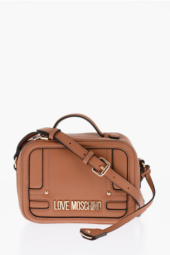 Moschino Love Quilted Faux Leather Mini Camera Bag With Golden Logo In Brown