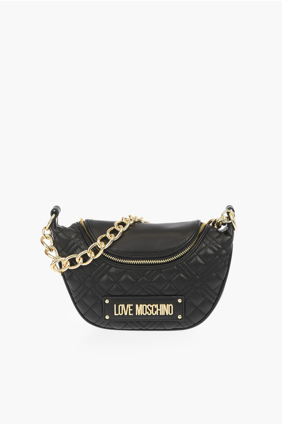 Moschino Love Quilted Faux Leather Mini Shoulder Strap With Golden De In Black