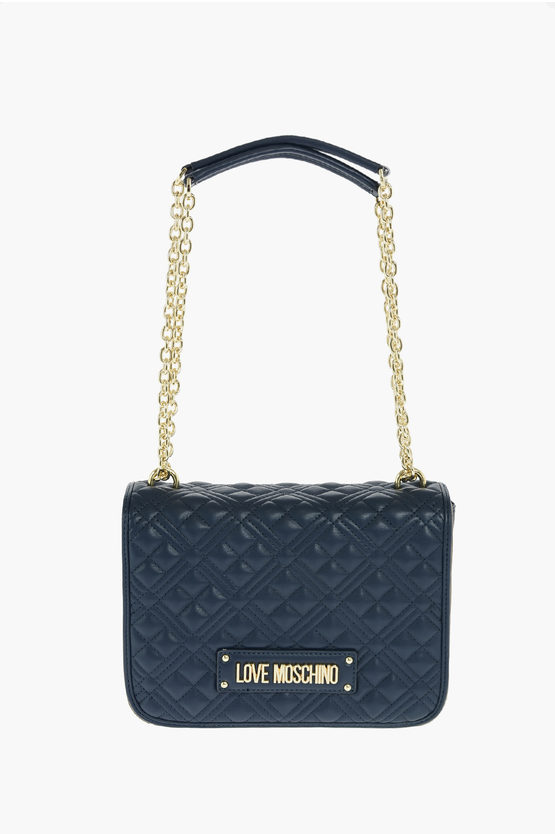 Moschino Love Quilted Faux Leather Shoulder Bag With Double Chain In Blue