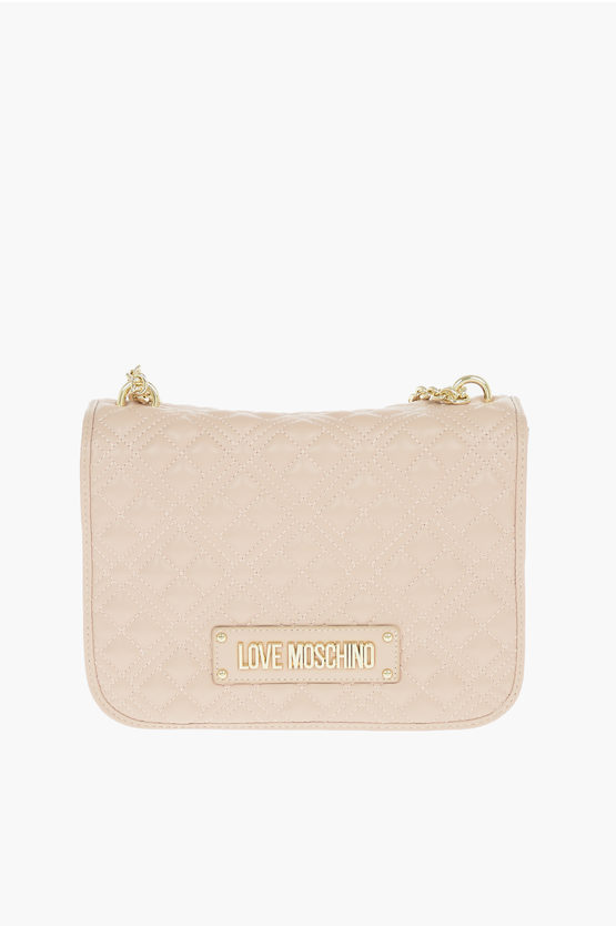Moschino Love Quilted Faux Leather Shoulder Bag With Embossed Logo In Neutral