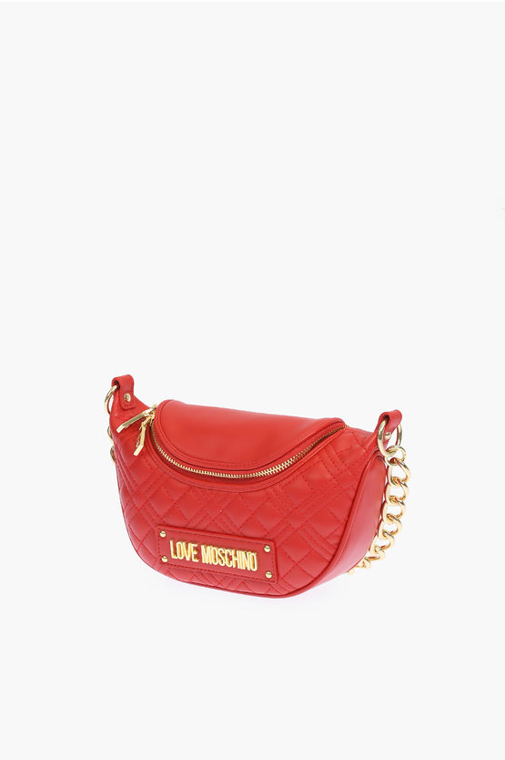 Moschino Love Quilted Faux Leather Shoulder Bag With Golden Chain In Blue
