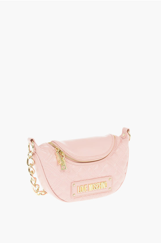 Moschino Love Quilted Faux Leather Shoulder Bag With Golden Chain In Pink