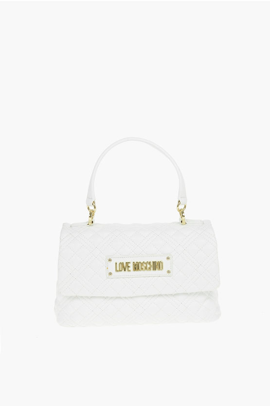 Moschino Love Quilted Faux Leather Shoulder Bag With Golden Logo In White