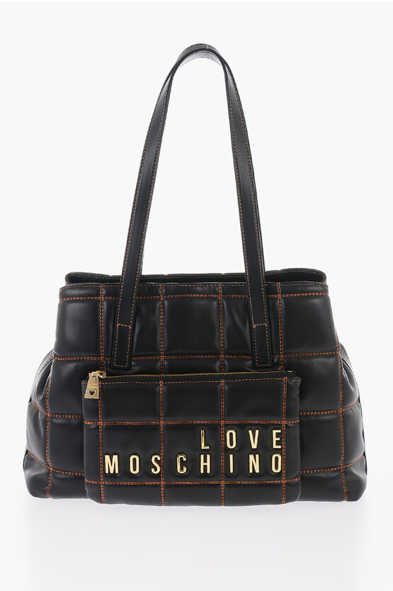 Moschino Love Quilted Faux Leather Shoulder Bag With Golden Logo In Burgundy