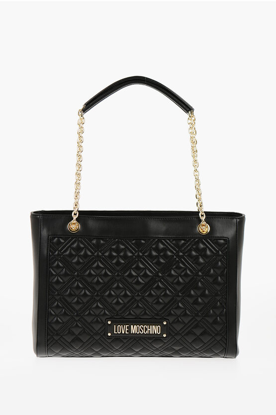 Moschino Love Quilted Faux Leather Shoulder Bag With Golden Logo In Black