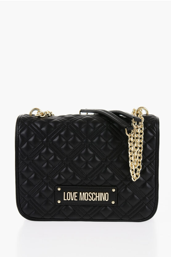 Shop Moschino Love Quilted Faux Leather Shoulder Bag With Golden Logo