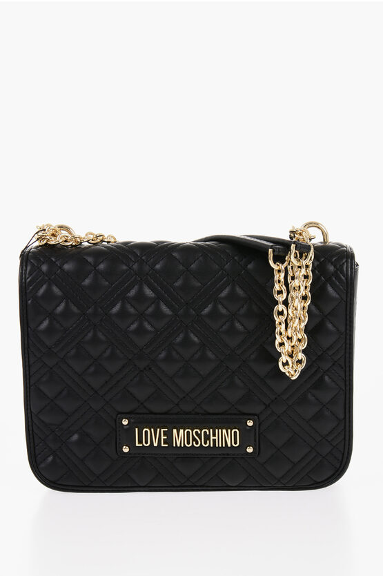 Shop Moschino Love Quilted Faux Leather Shoulder Bag With Golden Logo