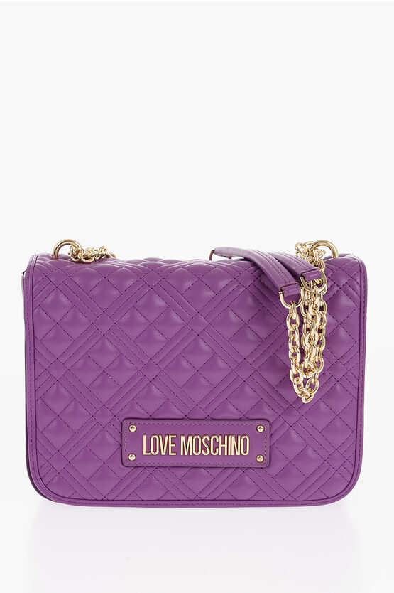 Shop Moschino Love Quilted Faux Leather Shoulder Bag With Golden Logo