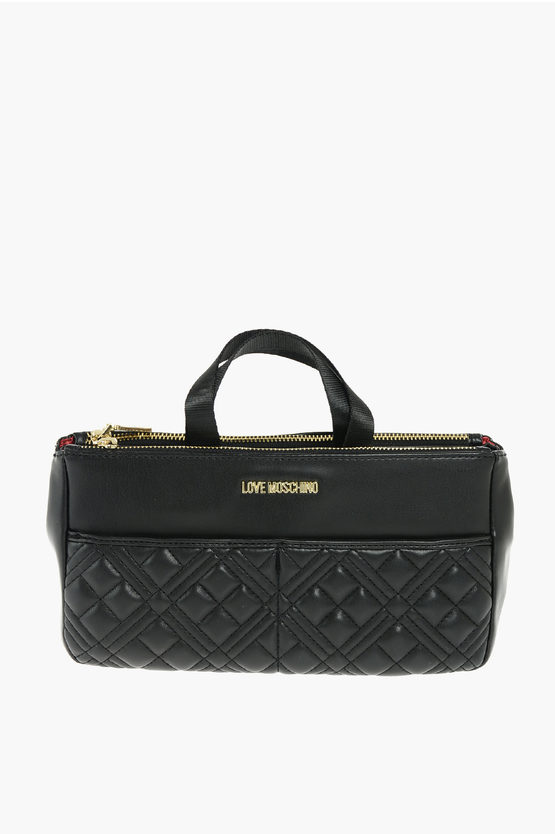 Moschino Love Quilted Faux Leather Top Handle Bag In Black