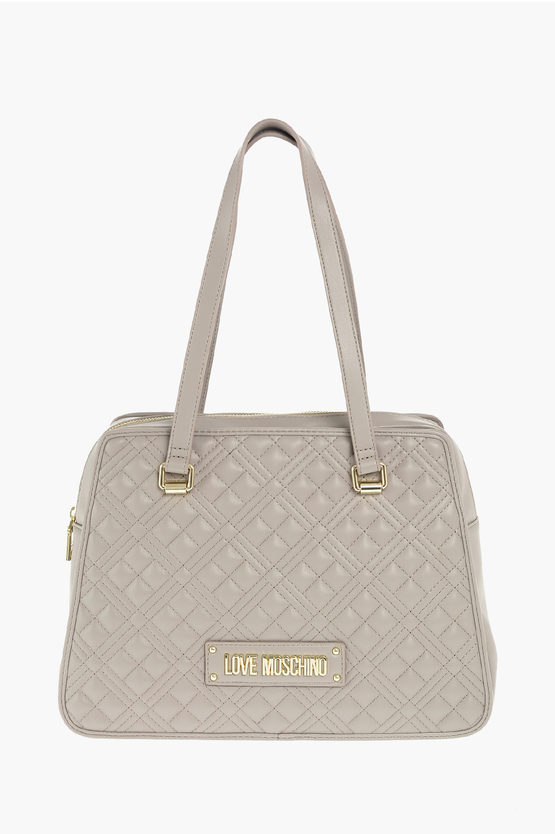 Moschino Love Quilted Faux Leather Top Handle Bag In Gray