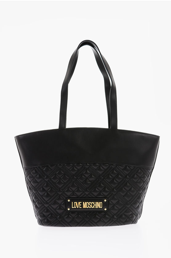 Moschino Love Quilted Faux Leather Tote Bag With Embossed Logo In Green