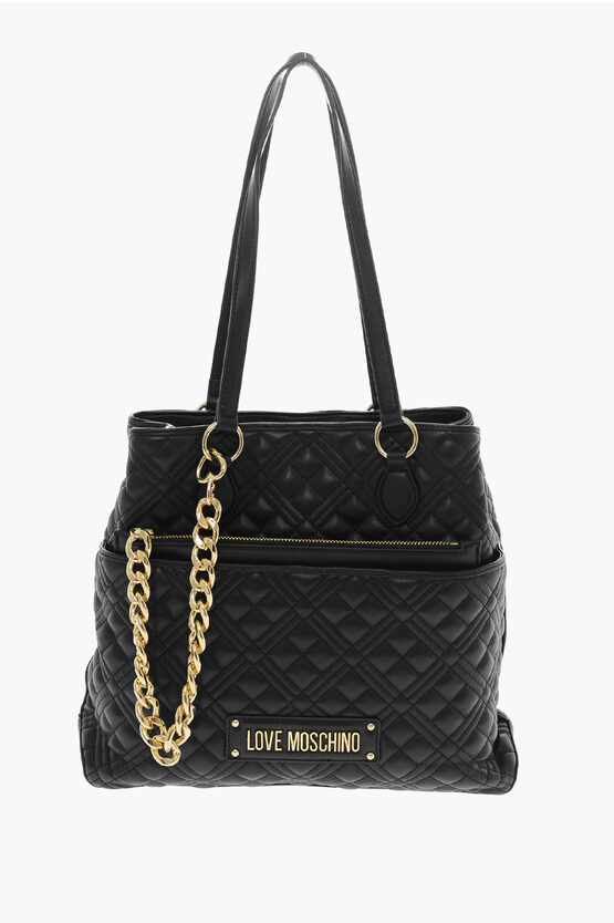 Moschino Love Quilted Faux Leather Tote Bag With Matching Pouch In Black