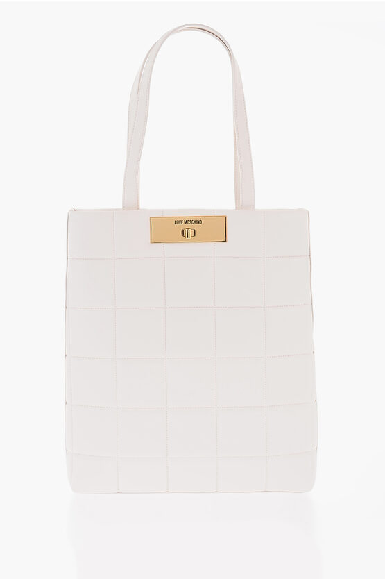 Moschino Love Quilted Faux Leather Tote Bag With Turn Lock Closure In White