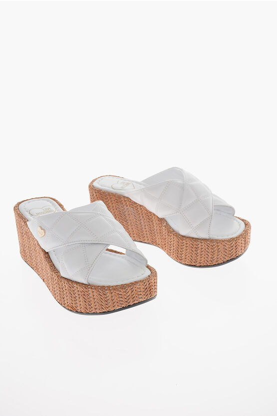 Moschino Love Quilted Leather Sandals With Raffia Wedge 7cm In White