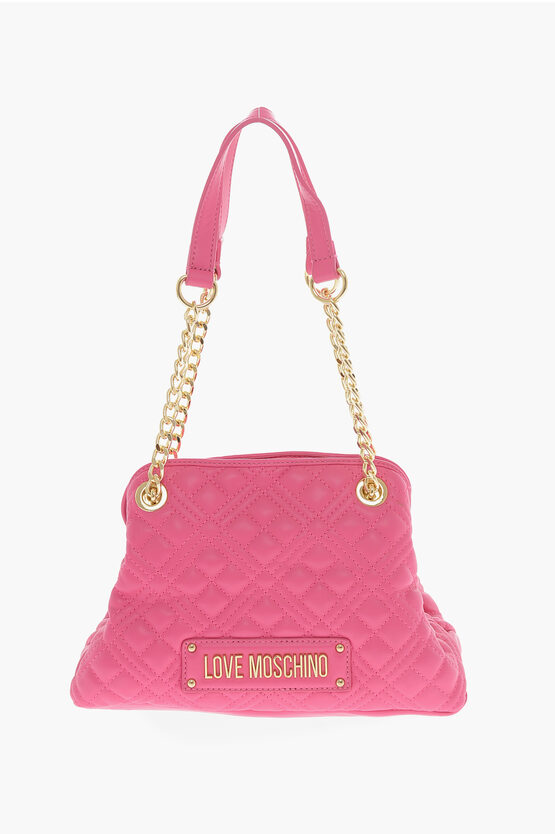 Moschino Love Quilted Mini Handle Bag With Golden Logo In Burgundy
