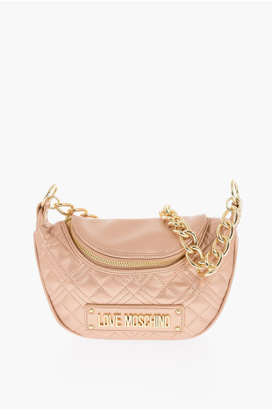Moschino Love Quilted Shiny Faux Leather Crossbody Bag With Golden Ch In Pink