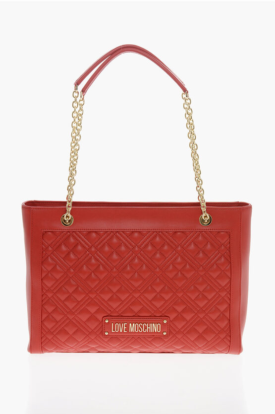 Moschino Love Quilted Tote Bag With Golden Chain In Red