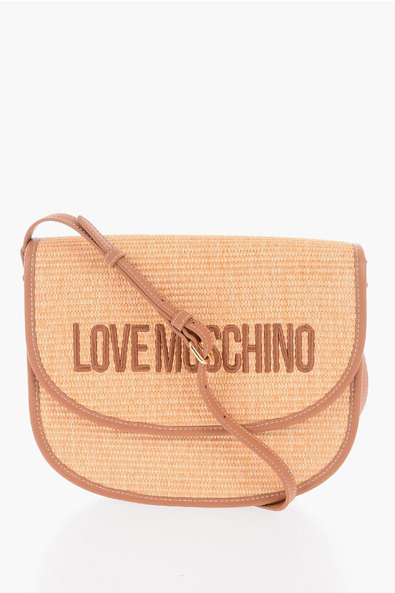 Moschino Love Rafia Crossbody Bag With Faux Leather Trimmings In Burgundy