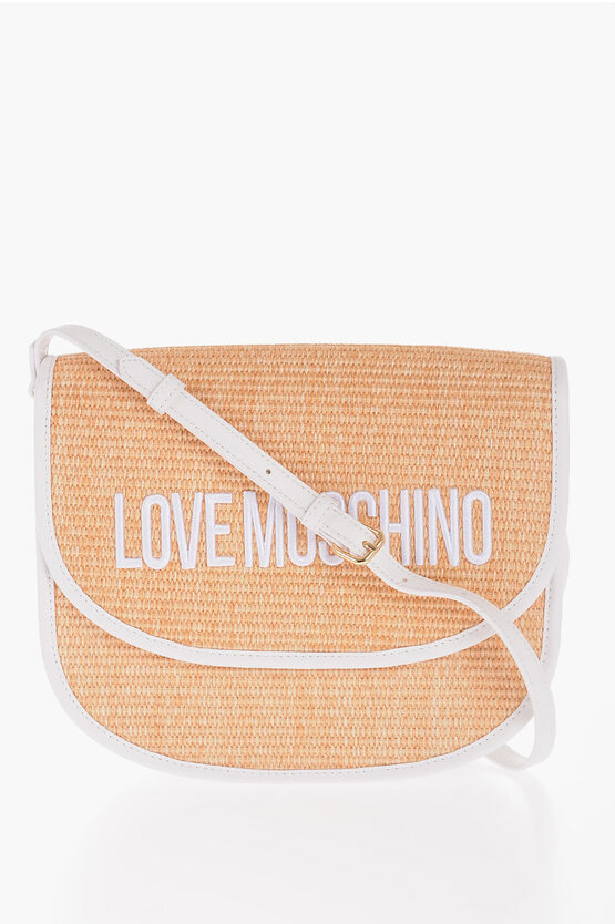Moschino Love Rafia Shoulder Bag With Faux Leather Trim In Brown