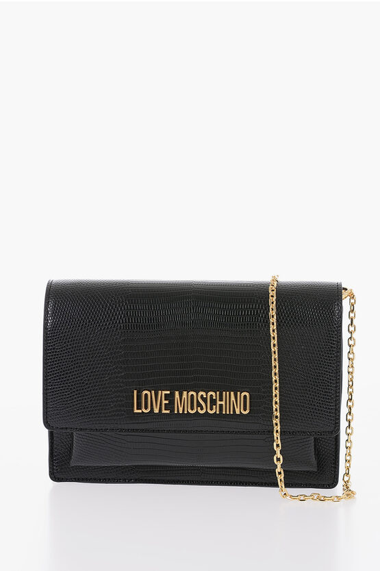 Moschino Love Reptile-effect Faux Leather Bag With Golden Chain In Brown