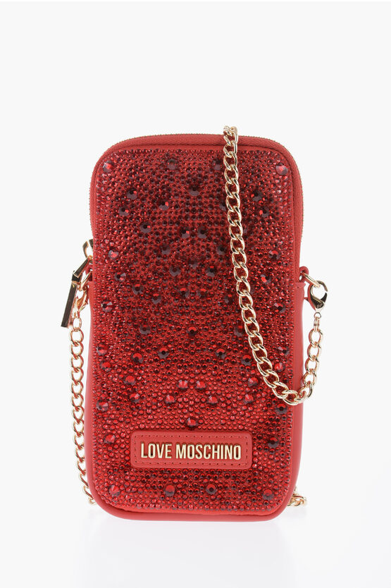 Moschino Love Rhinestone Pouch With Golden Chain In Red
