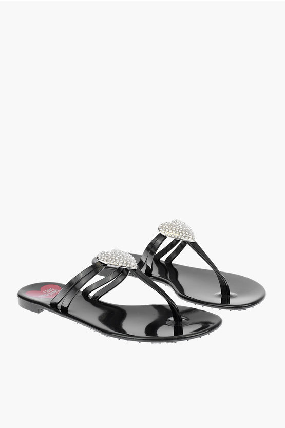 Moschino Love Rubber Thong Sandals With Heart Detail In Black