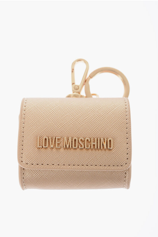 Moschino Love Saffiano Faux Leather Coin Purse With Key Holder In Neutral