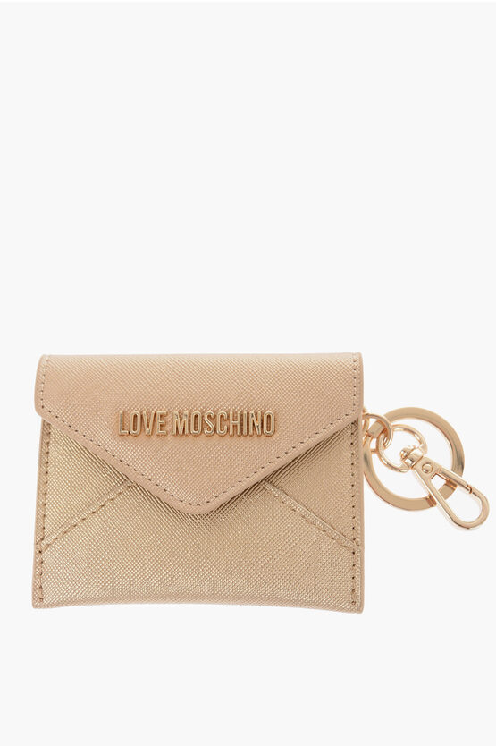Moschino Love Saffiano Faux Leather Envelope Keyring In Gold