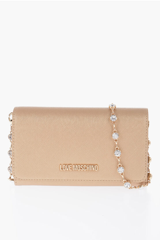 Moschino Love Saffiano Faux Leather Wallet With Removable Chain In Neutral