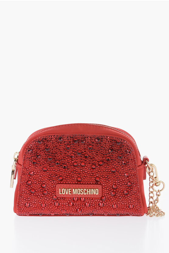 Moschino Love Satin Necessaire Embellished With Rhinestone In Red