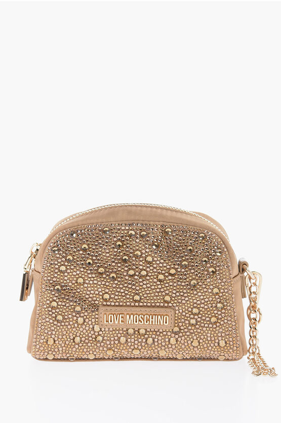 Moschino Love Satin Necessaire Embellished With Rhinestone In Gold