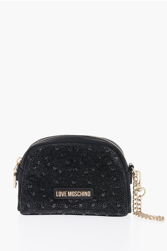 Moschino Love Satin Necessaire Embellished With Rhinestone In Black