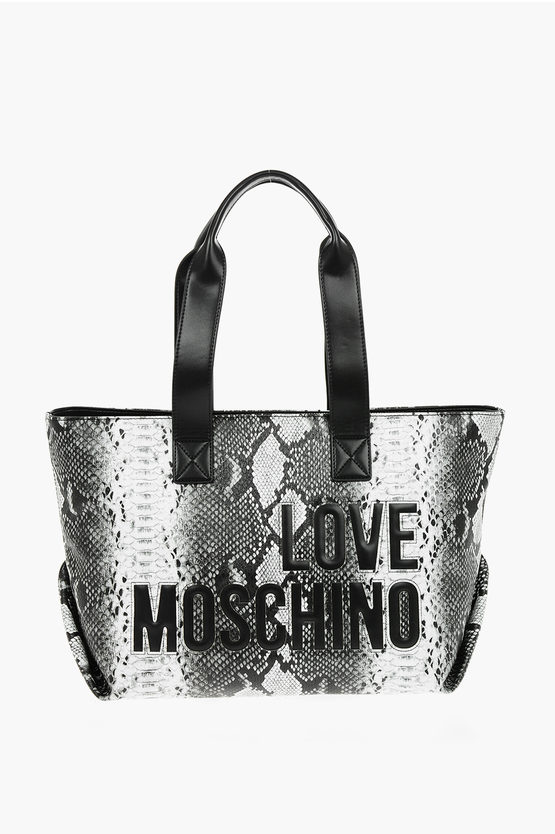 Moschino Love Snake Effect Faux Leather Tote Bag In Black