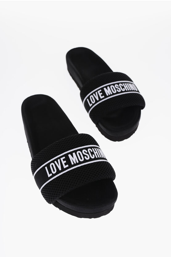 Moschino Love Solid Color Fabric Slides With Embroidered Logo In Black