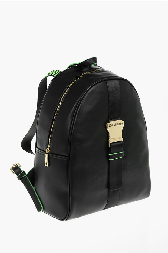 LOVE Solid-Color Faux Leather Backpack SAFETY with Logo Strap